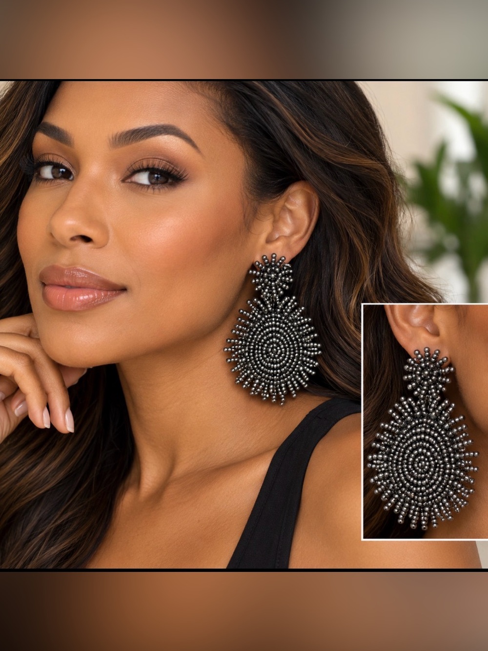 Gunmetal Sacred Heart Beaded Statement Earrings Boho Glam Boutique Style.